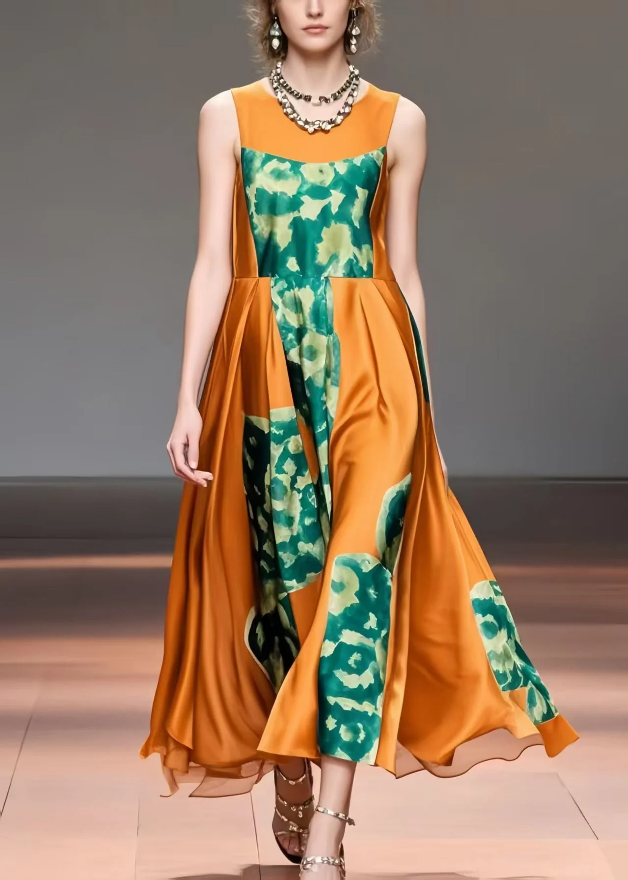 French Caramel Print Exra Large Hem Silk Long Dress Sleeveless - Image 5