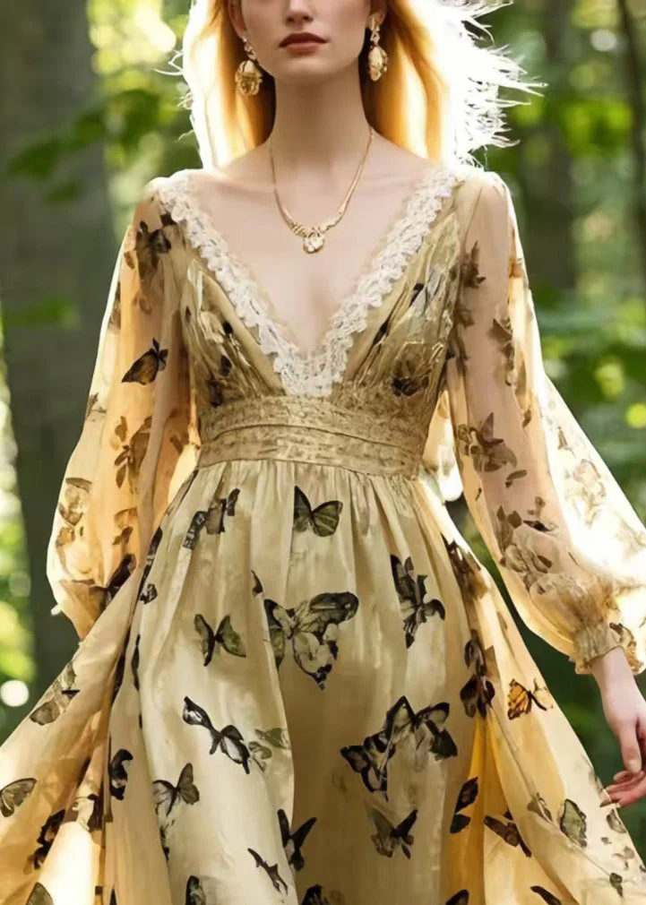 French Champagne Butterfly Silk Party Dress Spring - Image 2