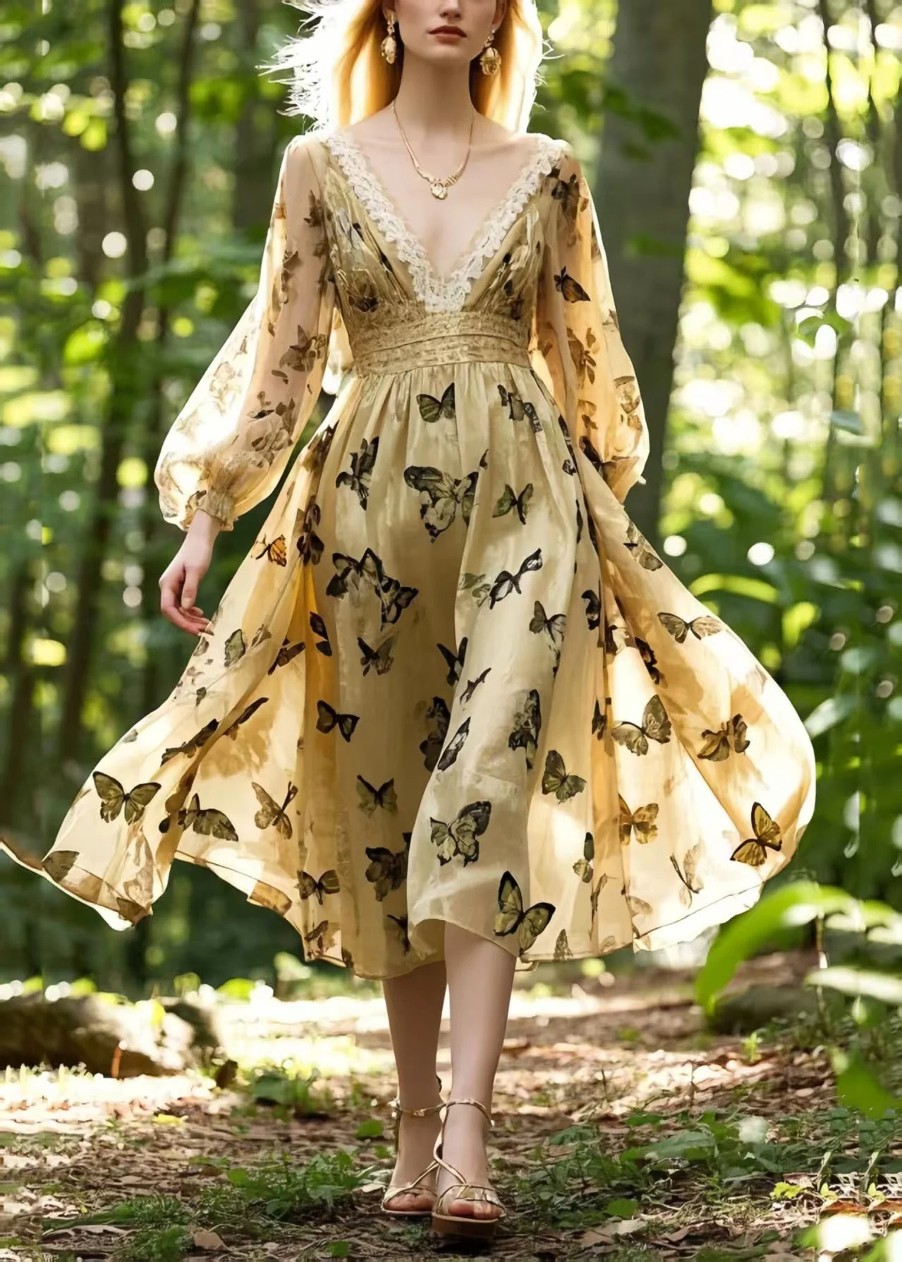 French Champagne Butterfly Silk Party Dress Spring - Image 3