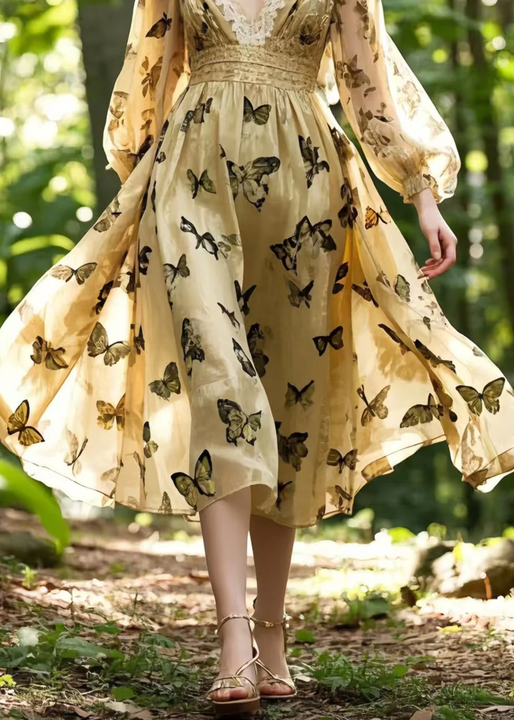 French Champagne Butterfly Silk Party Dress Spring - Image 4