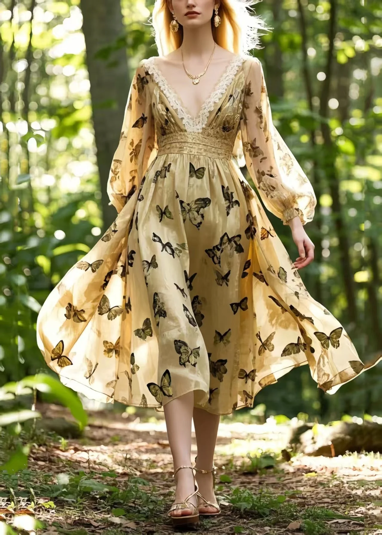 French Champagne Butterfly Silk Party Dress Spring - Image 5