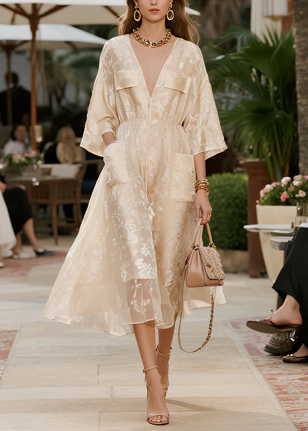French Champagne Jacquard Pockets Tulle Party Dress Summer - Image 3