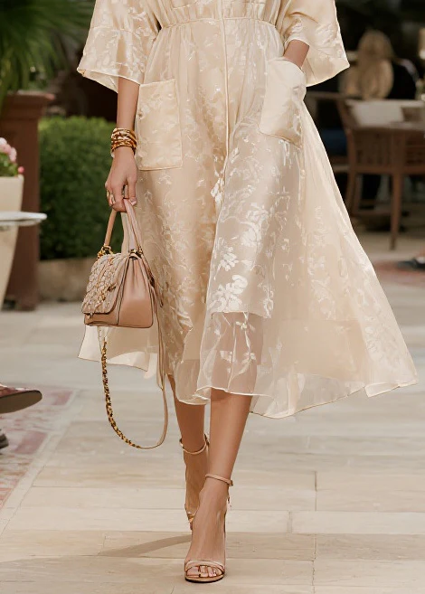 French Champagne Jacquard Pockets Tulle Party Dress Summer - Image 4