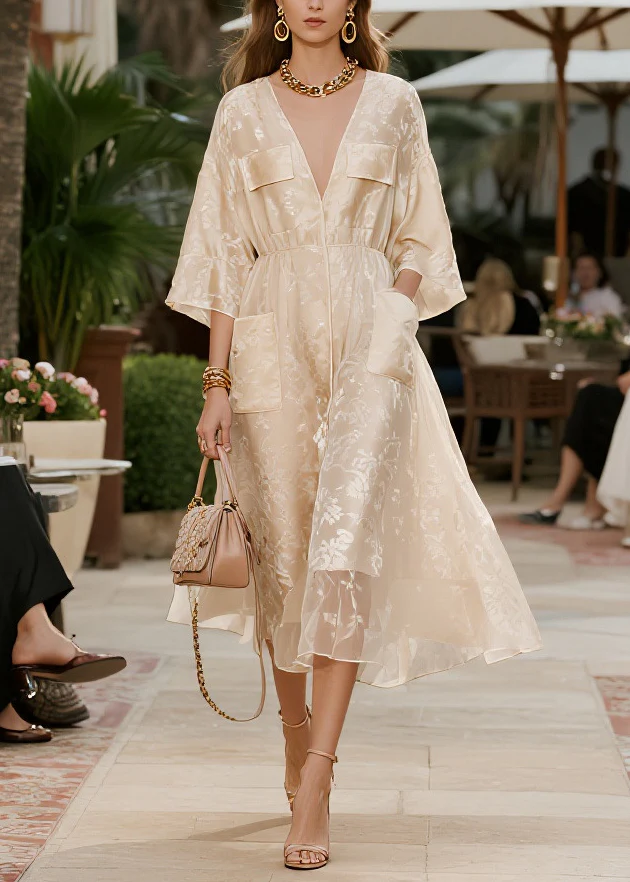 French Champagne Jacquard Pockets Tulle Party Dress Summer - Image 5