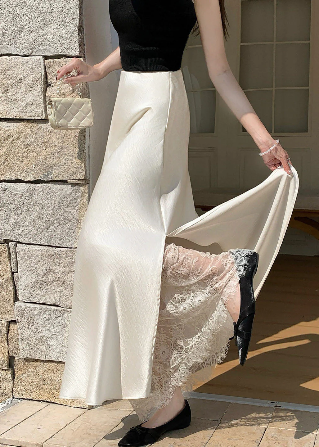 French Champagne Lace Patchwork Silk Skirt Summer - Image 2
