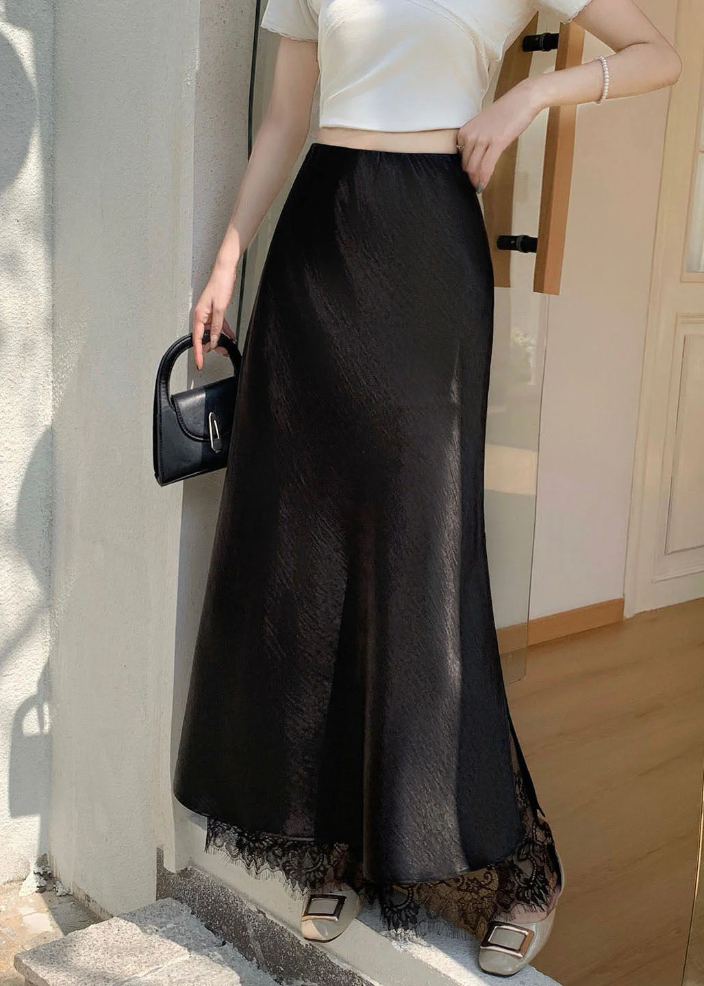 French Champagne Lace Patchwork Silk Skirt Summer - Image 3