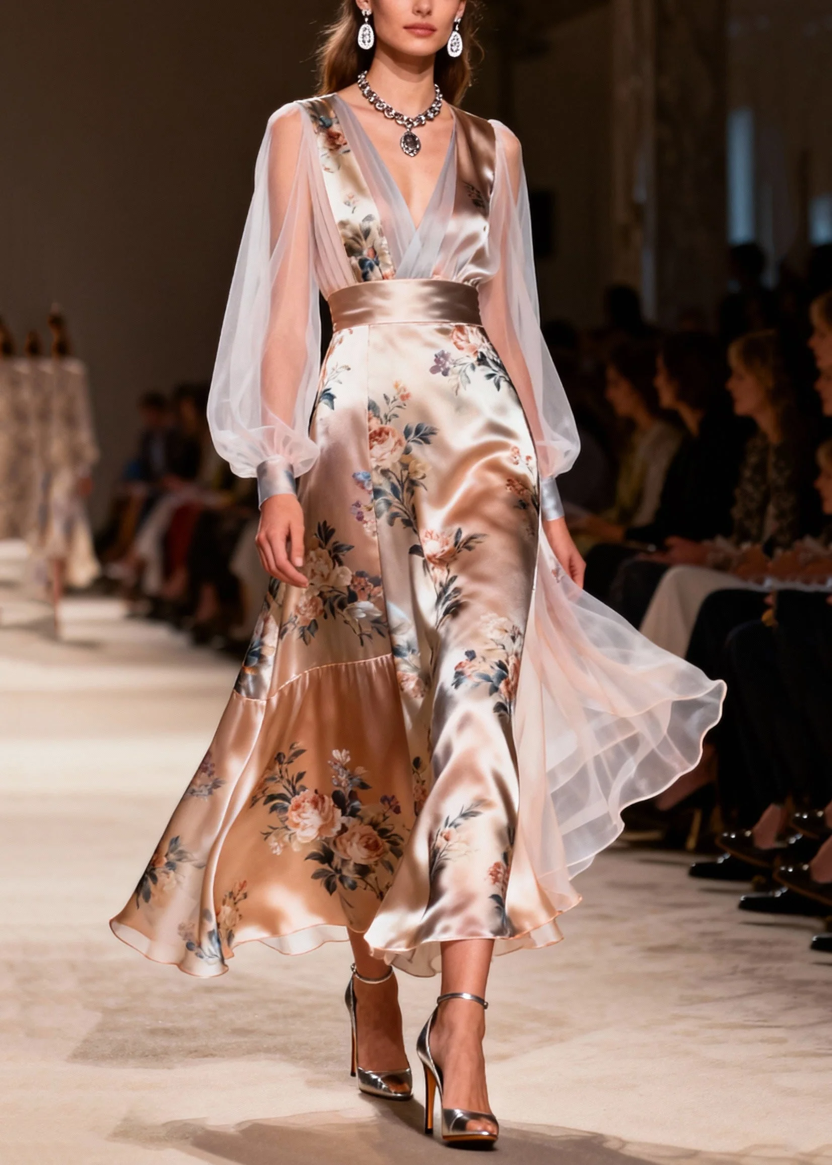 French Champagne Print Tulle Patchwork Silk Dinner Dress Summer - Image 3