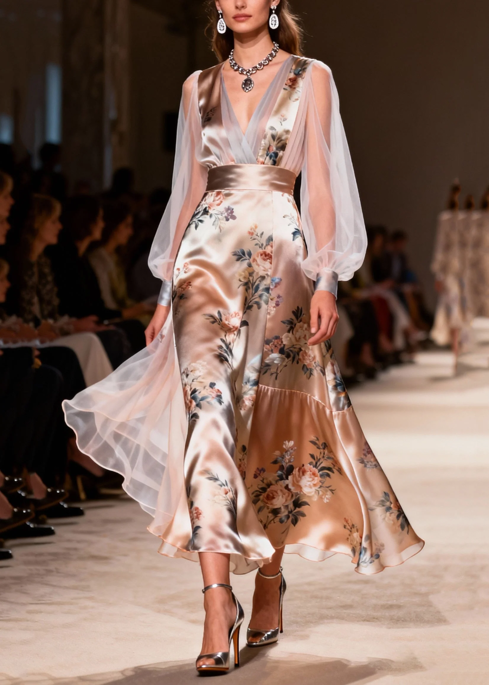 French Champagne Print Tulle Patchwork Silk Dinner Dress Summer - Image 5