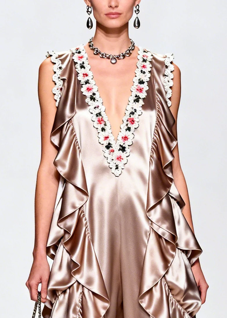 French Champagne Ruffled Floral Silk Vacation Dresses Sleeveless - Image 2