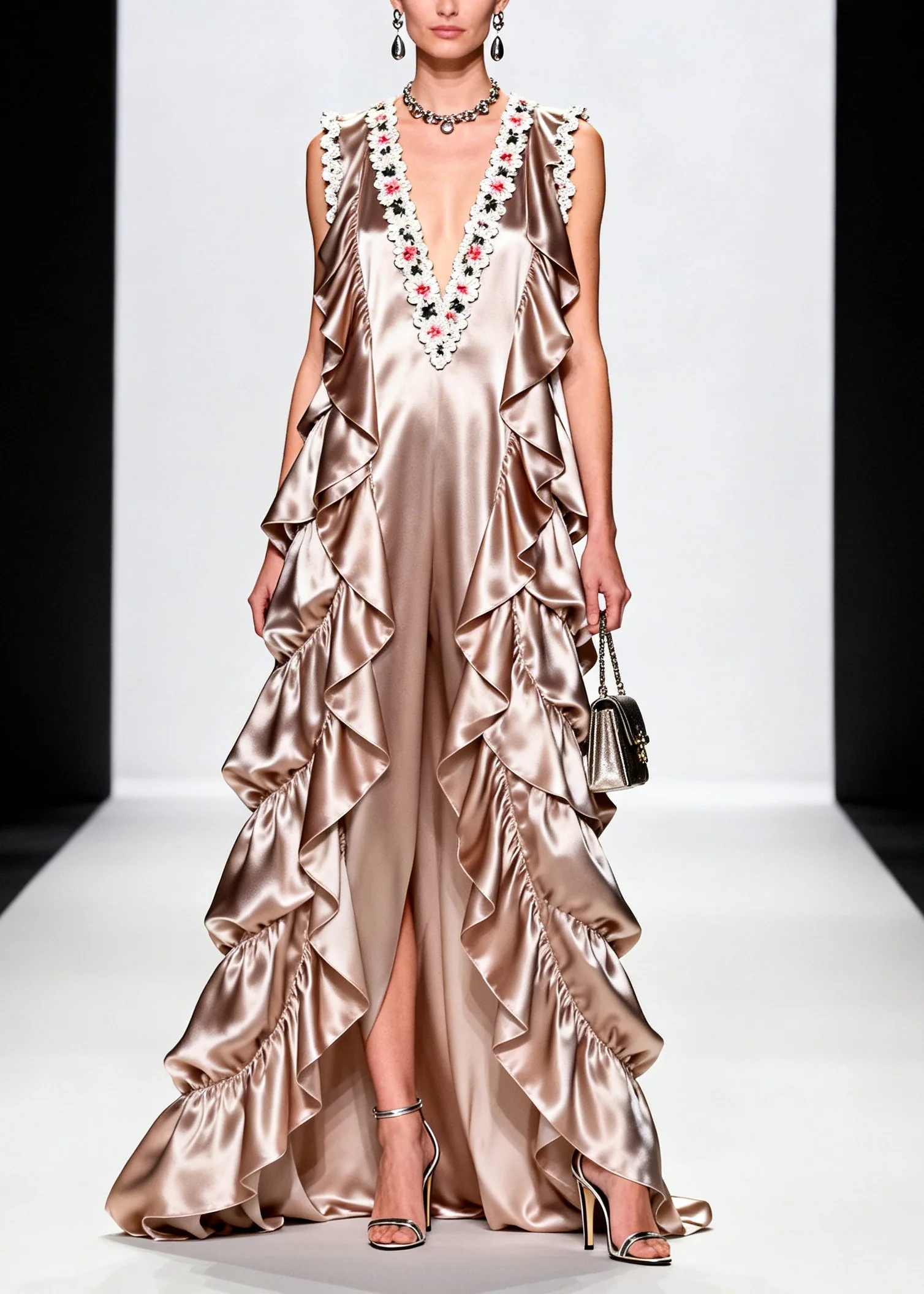 French Champagne Ruffled Floral Silk Vacation Dresses Sleeveless - Image 3