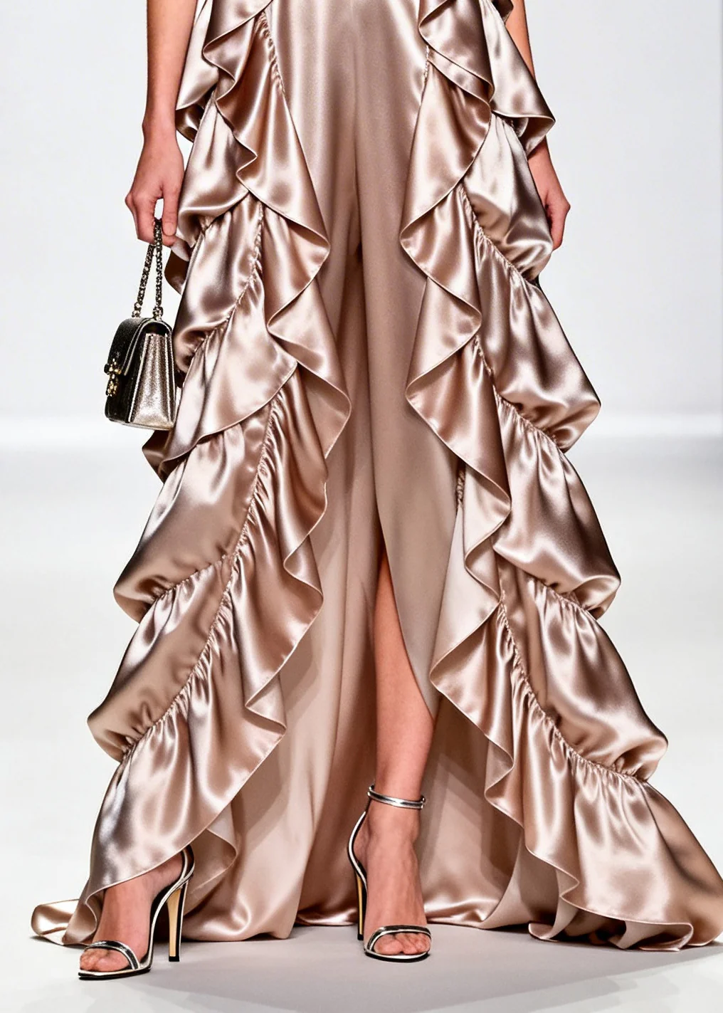 French Champagne Ruffled Floral Silk Vacation Dresses Sleeveless - Image 4