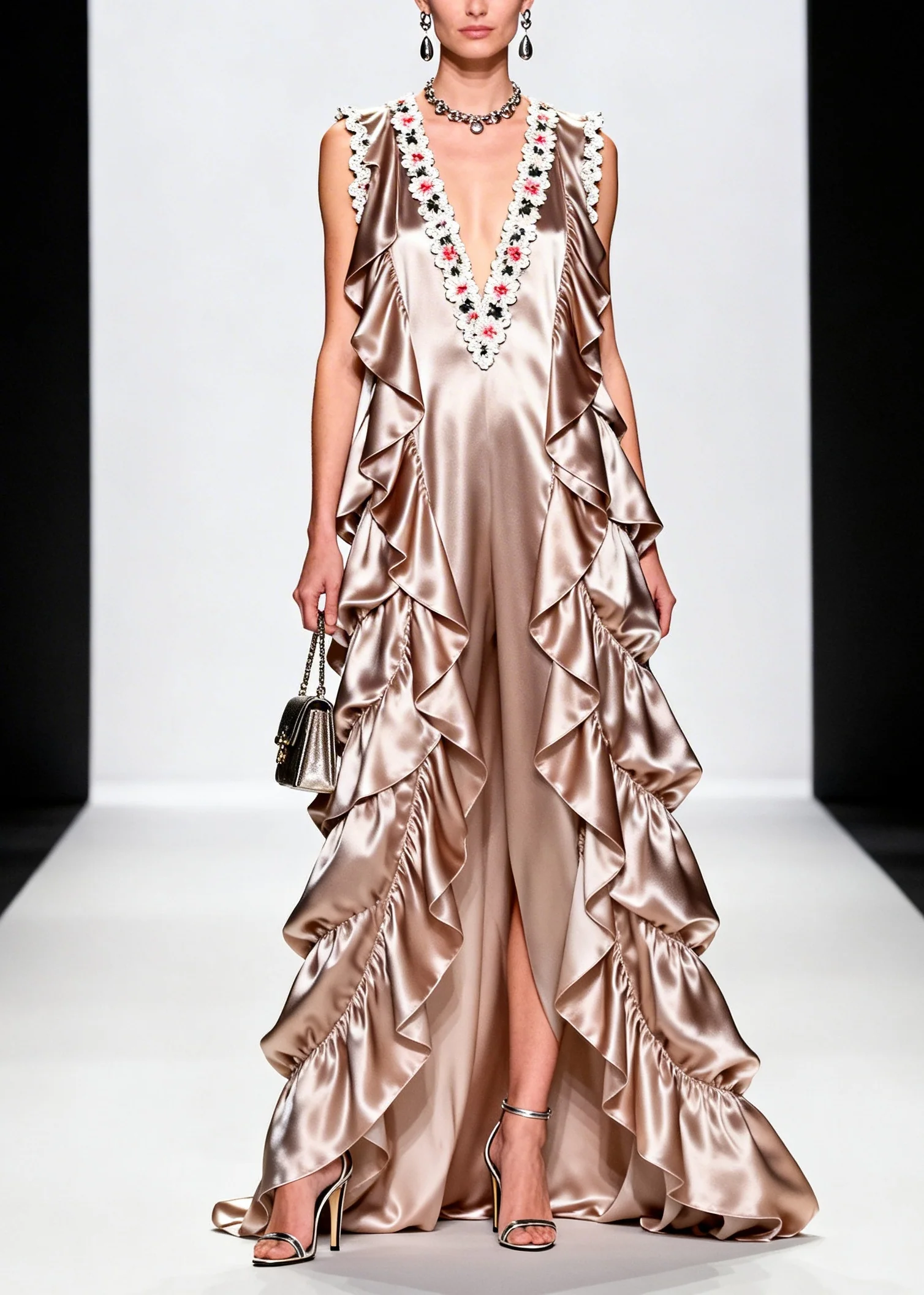 French Champagne Ruffled Floral Silk Vacation Dresses Sleeveless - Image 5