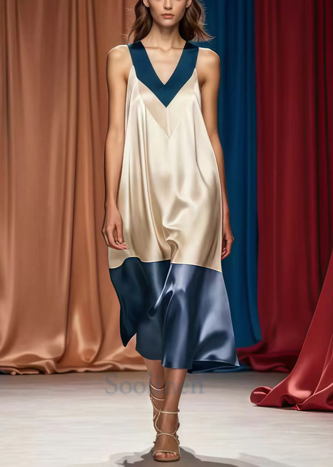French Champagne V Neck Patchwork Silk Holiday Dress Summer - Image 2