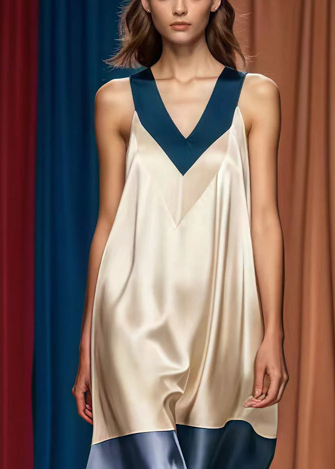 French Champagne V Neck Patchwork Silk Holiday Dress Summer - Image 3