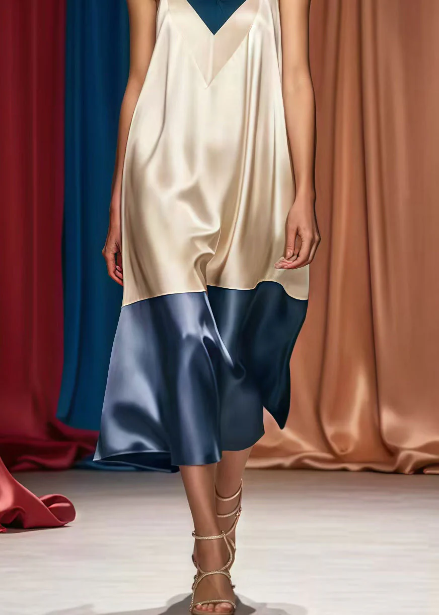 French Champagne V Neck Patchwork Silk Holiday Dress Summer - Image 5