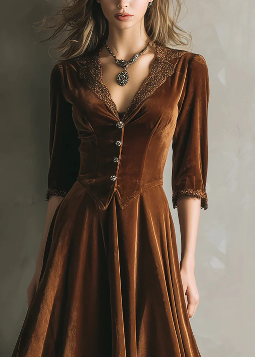 French Chocolate V Neck Lace Patchwork Silk Velvet Long Dress Half Sleeve - Image 3