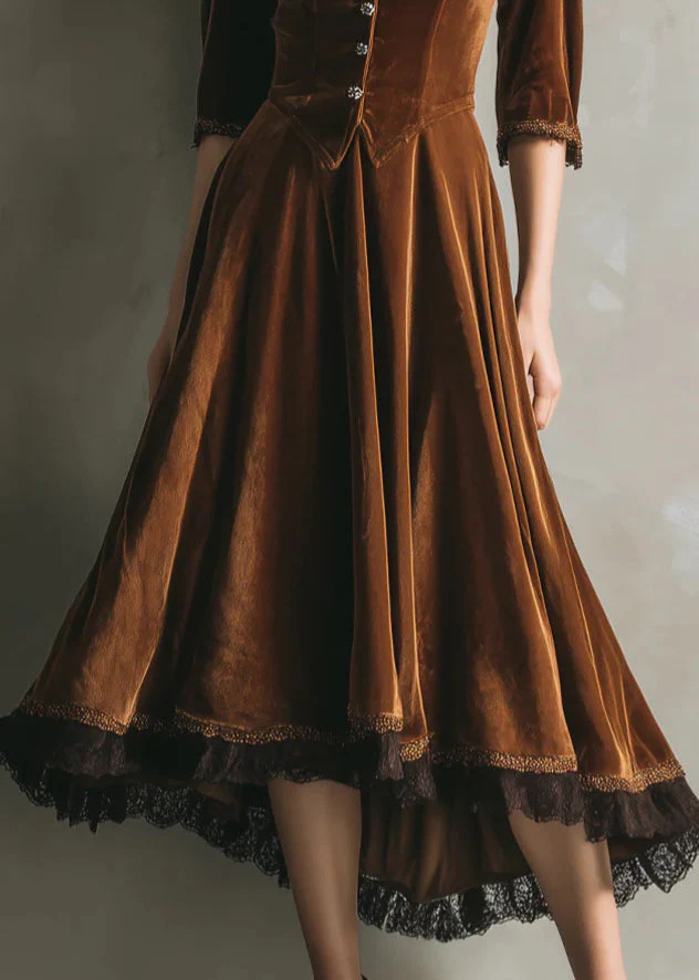 French Chocolate V Neck Lace Patchwork Silk Velvet Long Dress Half Sleeve - Image 4