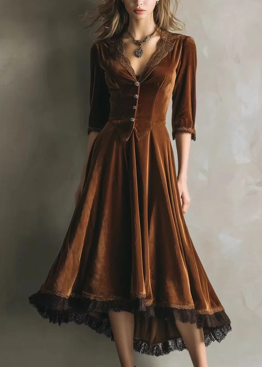 French Chocolate V Neck Lace Patchwork Silk Velvet Long Dress Half Sleeve - Image 5