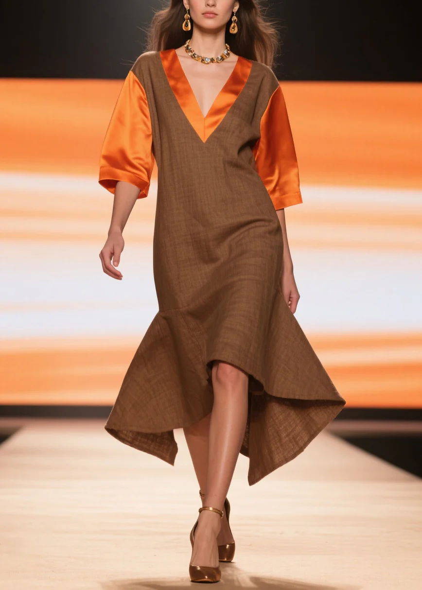 French Chocolate V Neck Patchwork Linen Silk Robe Dresses Summer - Image 3