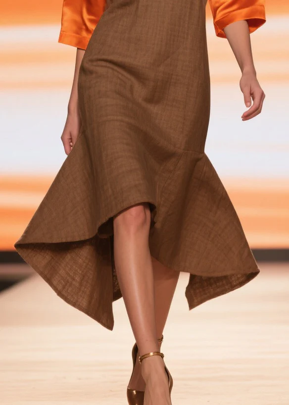 French Chocolate V Neck Patchwork Linen Silk Robe Dresses Summer - Image 4