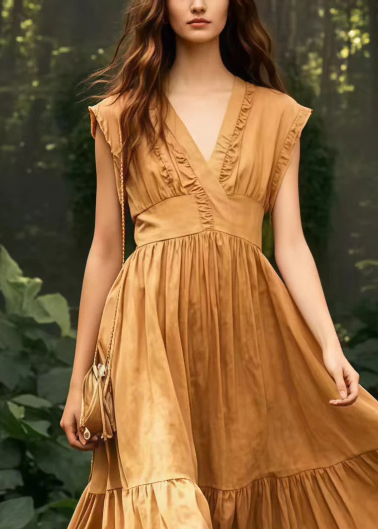 French Coffee Exra Large Hem Wrinkled Cotton Dresses Sleeveless - Image 2
