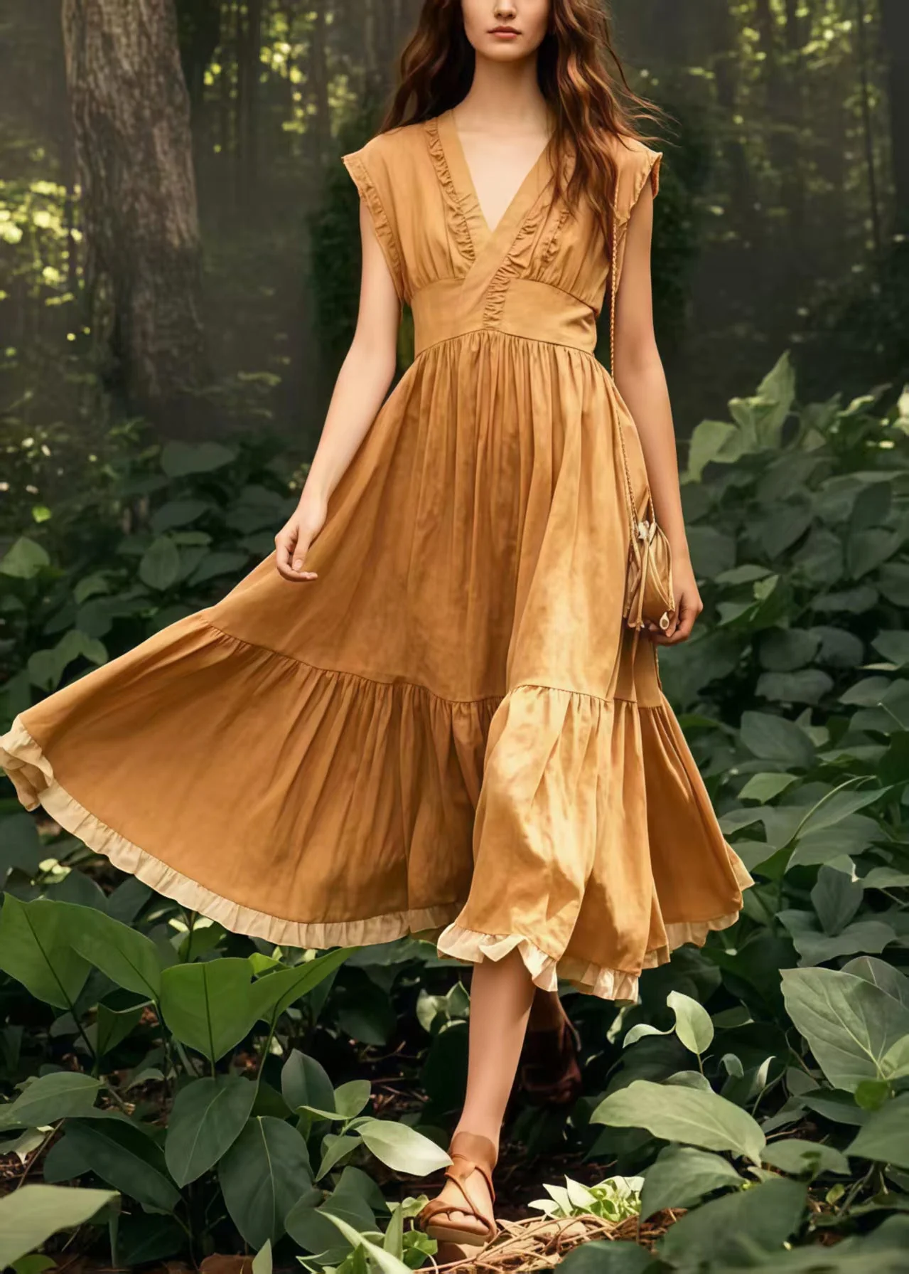 French Coffee Exra Large Hem Wrinkled Cotton Dresses Sleeveless - Image 3