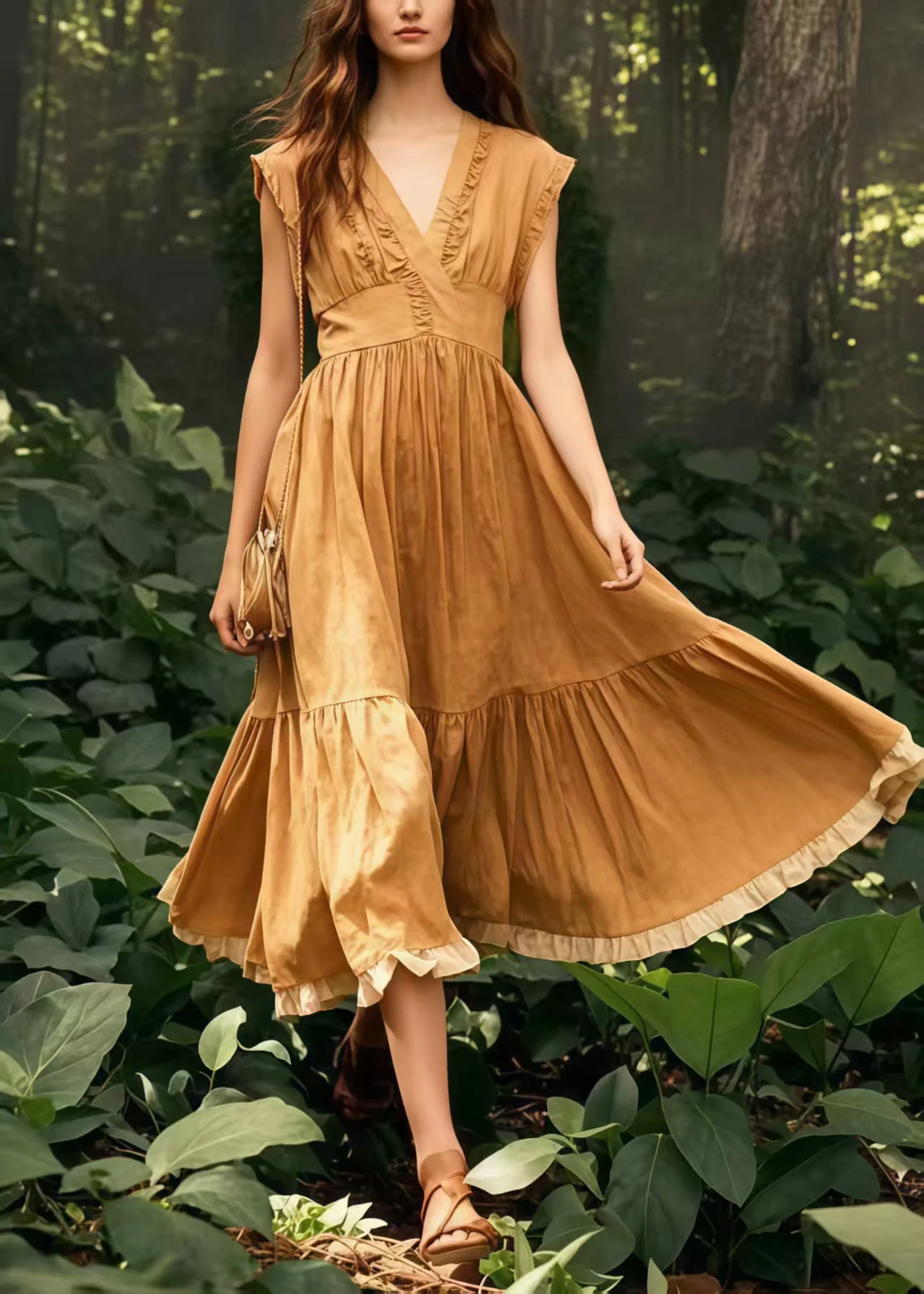 French Coffee Exra Large Hem Wrinkled Cotton Dresses Sleeveless - Image 5