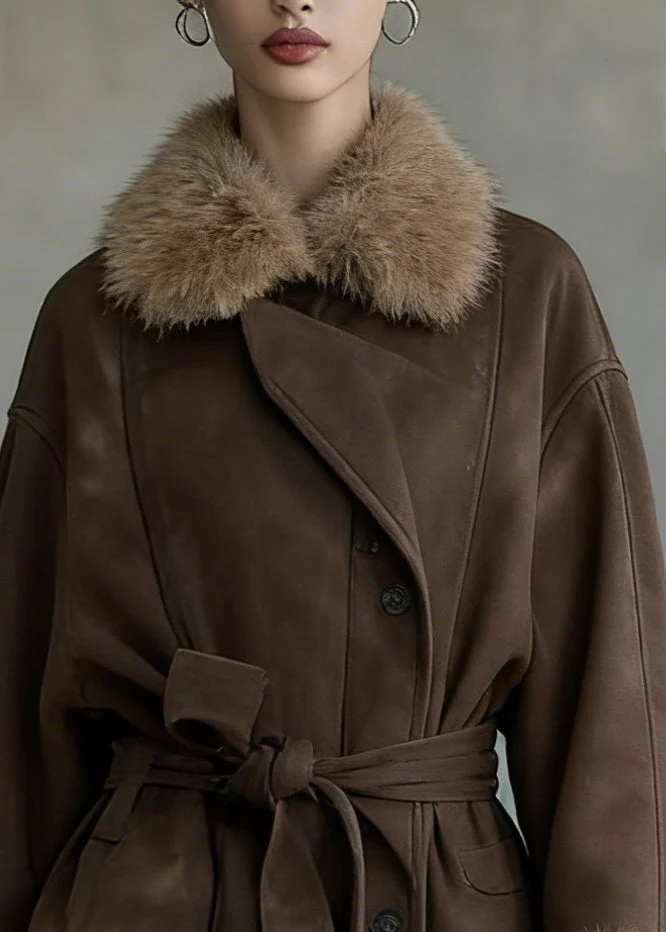 French Coffee Fur Collar Tie Waist Patchwork Woolen Coat Spring - Image 2
