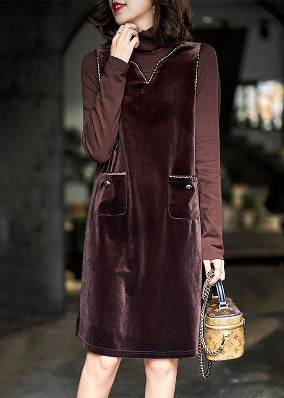 French Coffee Hign Neck Patchwork False Two Pieces Silk Velour Dresses Spring - Image 2