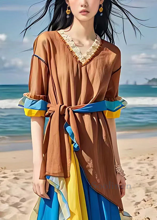 French Coffee Lace Up Chiffon Patchwork Long Dresses Summer - Image 2