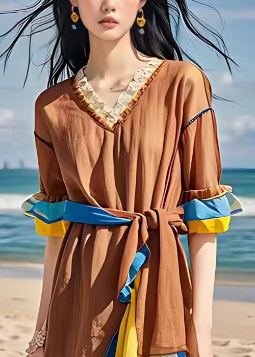 French Coffee Lace Up Chiffon Patchwork Long Dresses Summer - Image 3