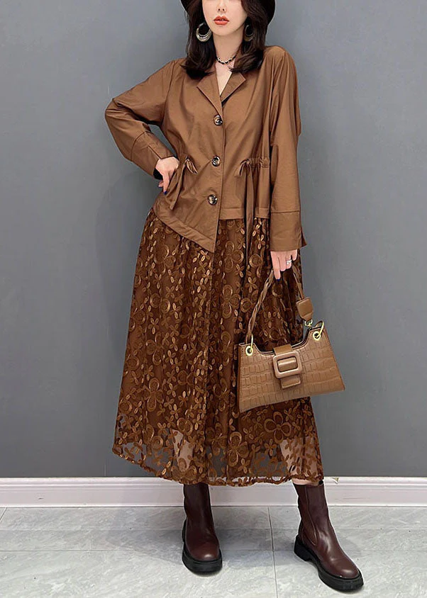 French Chocolate Notched Collar Drawstring Patchwork Tulle Silk Cinch Dress Fall - Image 2