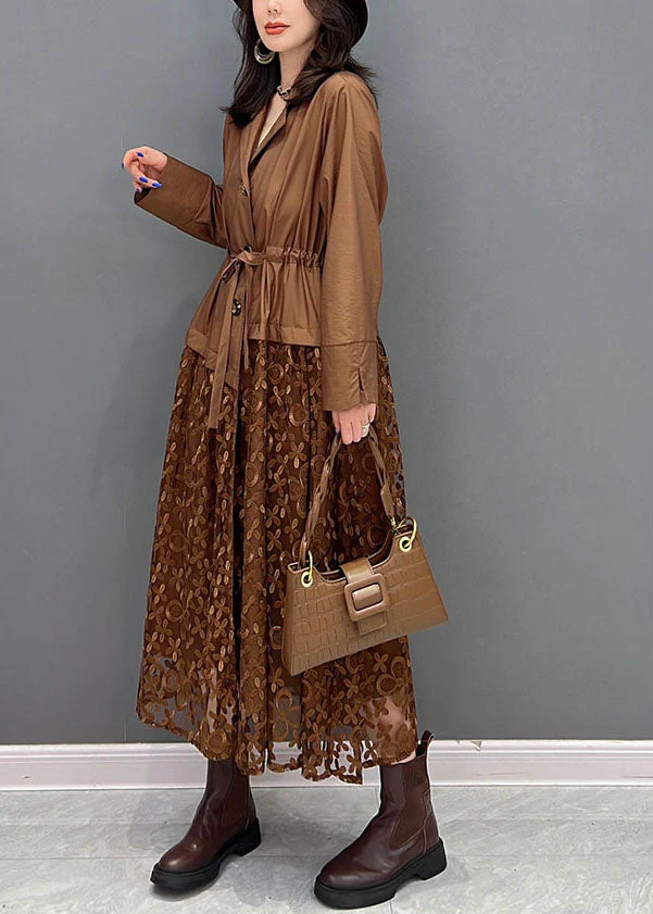 French Chocolate Notched Collar Drawstring Patchwork Tulle Silk Cinch Dress Fall - Image 3