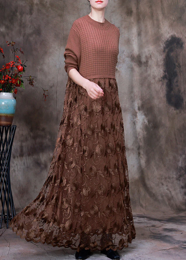 French Chocolate O-Neck Embroideried Lace Patchwork Knit Maxi Dress Long Sleeve - Image 2