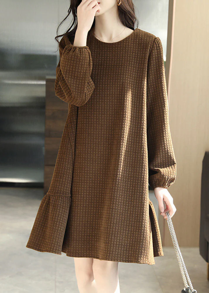 French Chocolate O-Neck Plaid Solid Color Sashes Cotton Holiday Dress Long Sleeve - Image 2