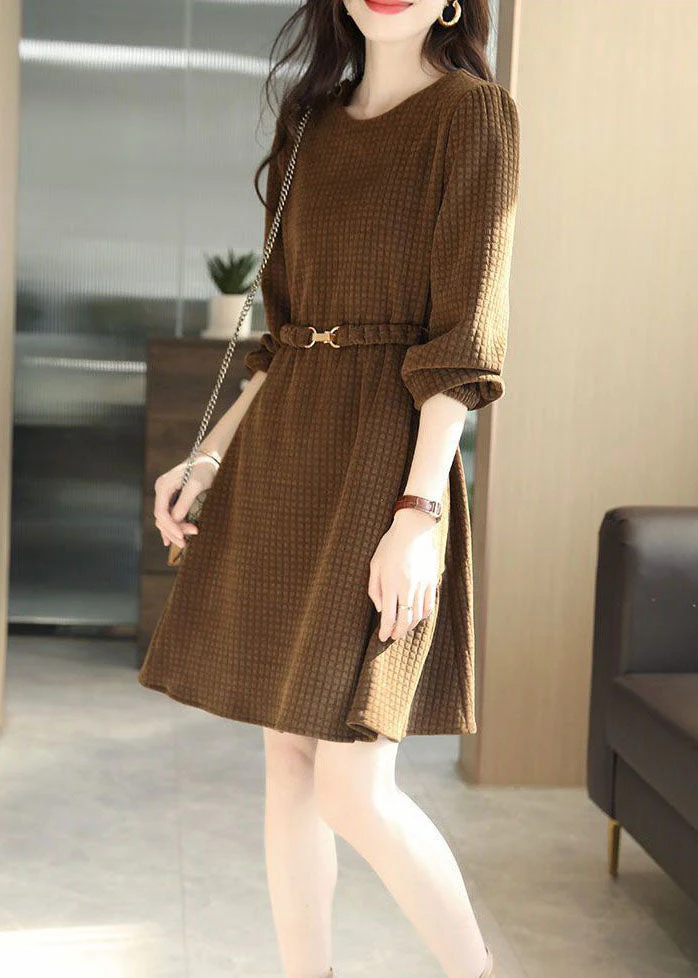 French Chocolate O-Neck Plaid Solid Color Sashes Cotton Holiday Dress Long Sleeve - Image 3