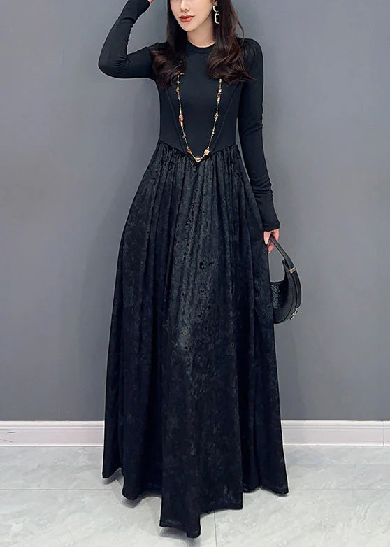 French Coffee O Neck Wrinkled Patchwork Velour Dresses Fall - Image 2