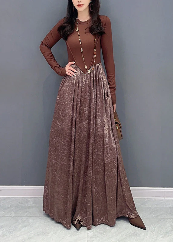 French Coffee O Neck Wrinkled Patchwork Velour Dresses Fall - Image 3
