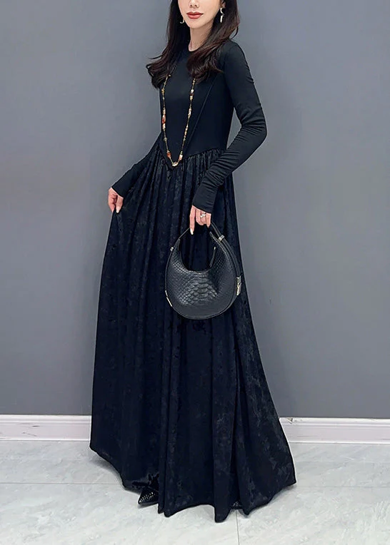 French Coffee O Neck Wrinkled Patchwork Velour Dresses Fall - Image 4