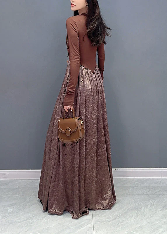 French Coffee O Neck Wrinkled Patchwork Velour Dresses Fall - Image 5