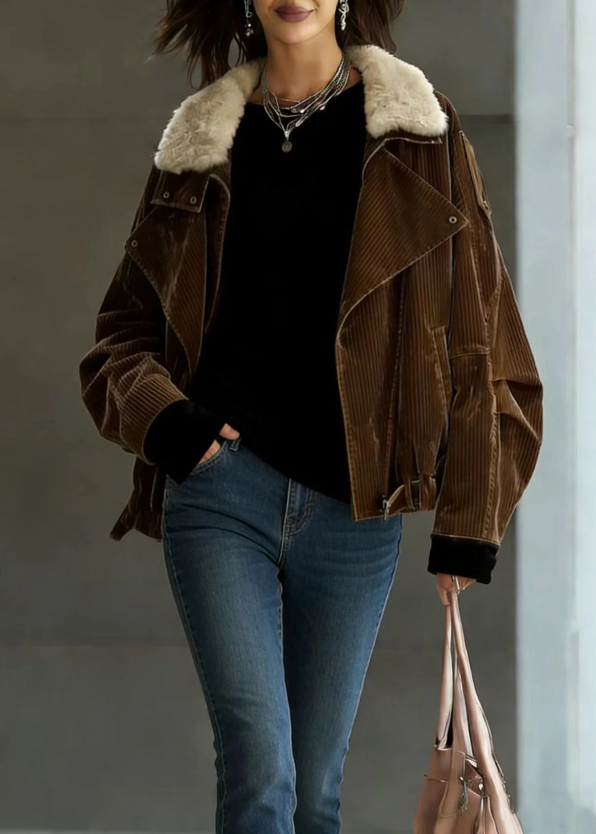 French Coffee Peter Pan Collar Fur Fine Cotton Filled Jackets Winter - Image 5