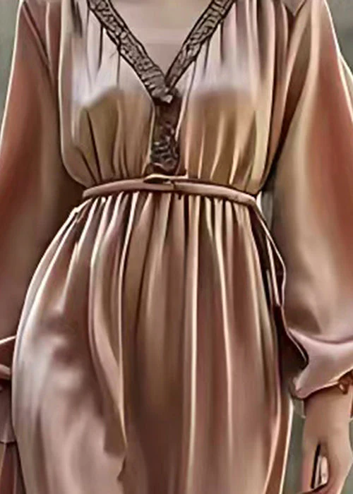 French Coffee V Neck Exra Large Hem Silk Long Dresses Lantern Sleeve - Image 3