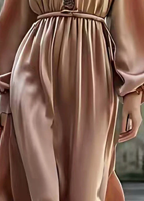 French Coffee V Neck Exra Large Hem Silk Long Dresses Lantern Sleeve - Image 4
