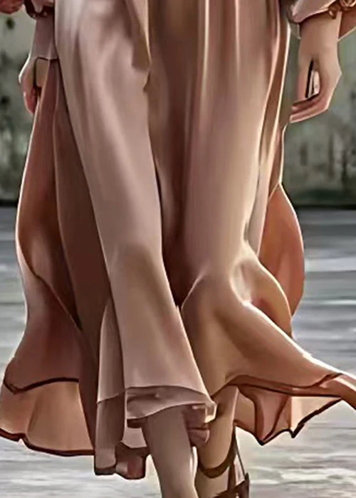 French Coffee V Neck Exra Large Hem Silk Long Dresses Lantern Sleeve - Image 5