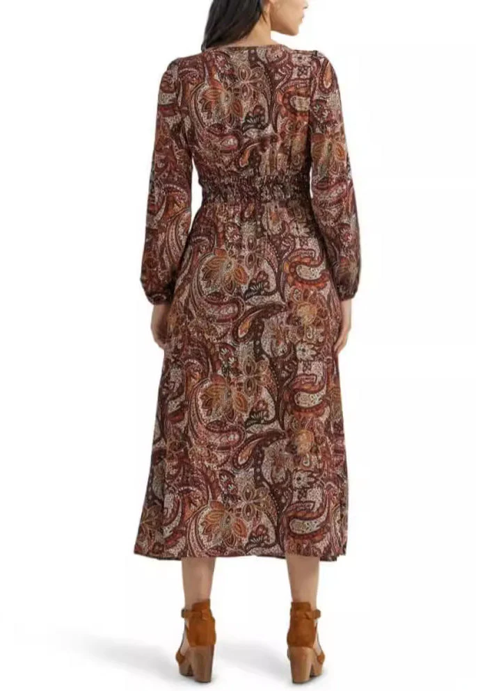 French Coffee V Neck Front Open Cotton Long Dress Fall - Image 2