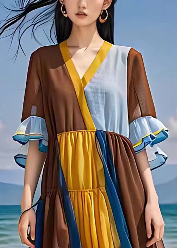 French Coffee V Neck Wrinkled Patchwork Chiffon Maxi Dresses Short Sleeve - Image 2