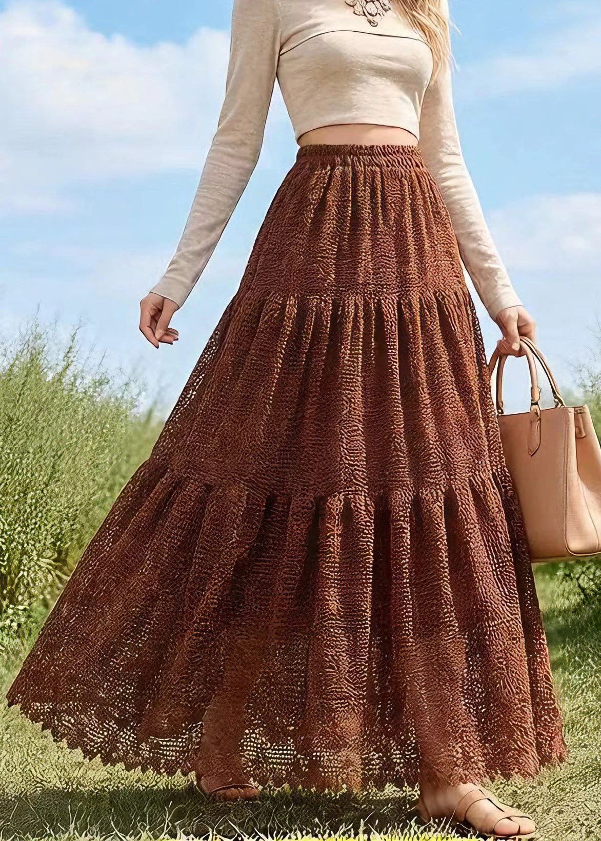 French Coffee Wrinkled Patchwork Hollow Out Lace Skirts Spring - Image 3