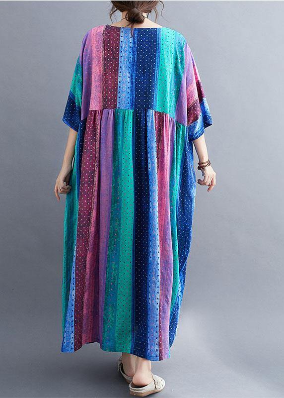 French Color Block Striped Print Loose Summer Vacation Dresses Half Sleeve - Image 4