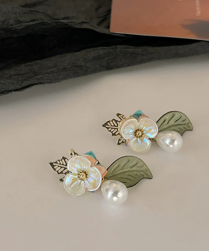 French Colorblock Acrylic Alloy Pearl Floral Water Droplet Stud Earrings - Image 3