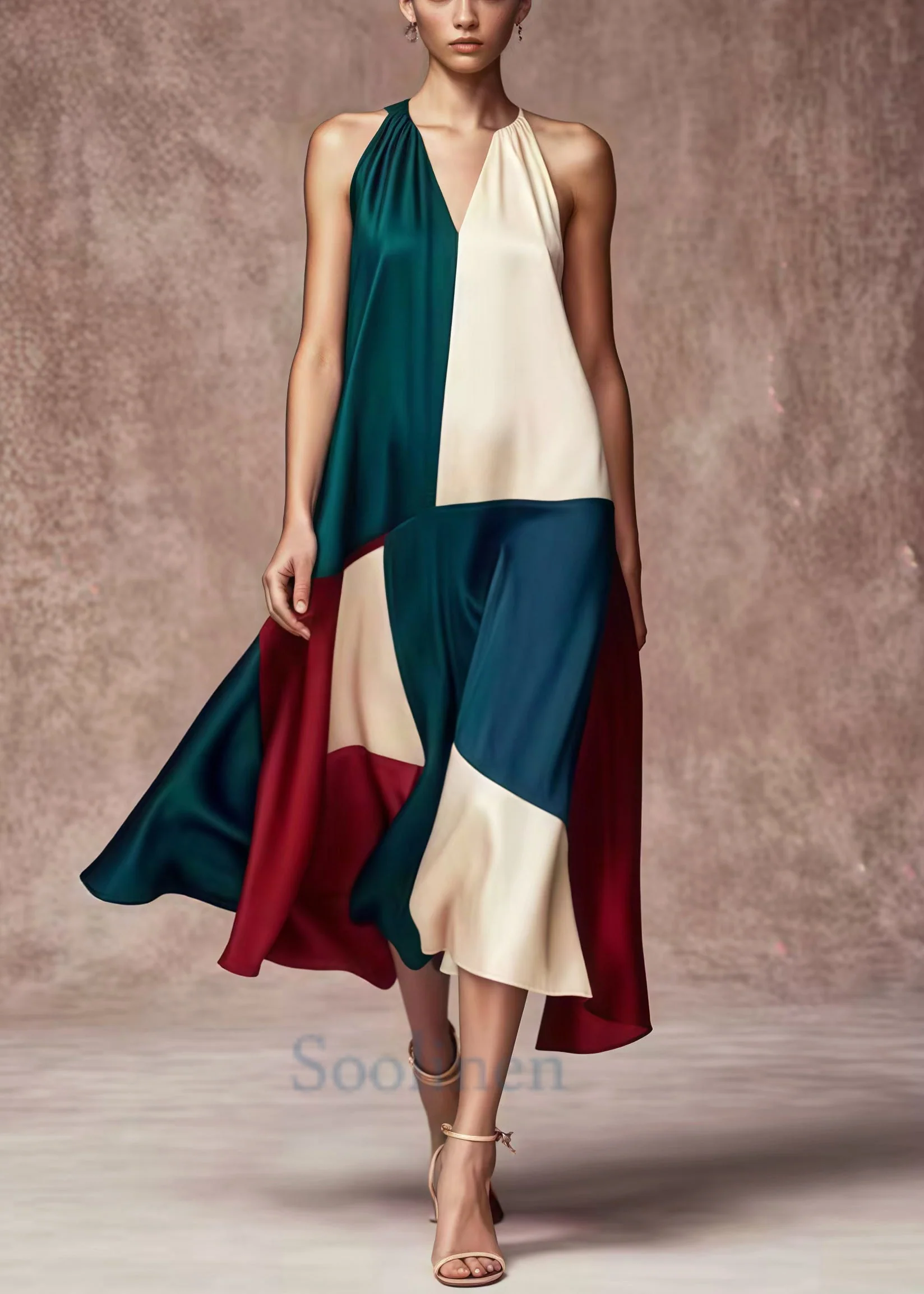 French Colorblock Asymmetrical Patchwork Silk Party Dress Summer - Image 2